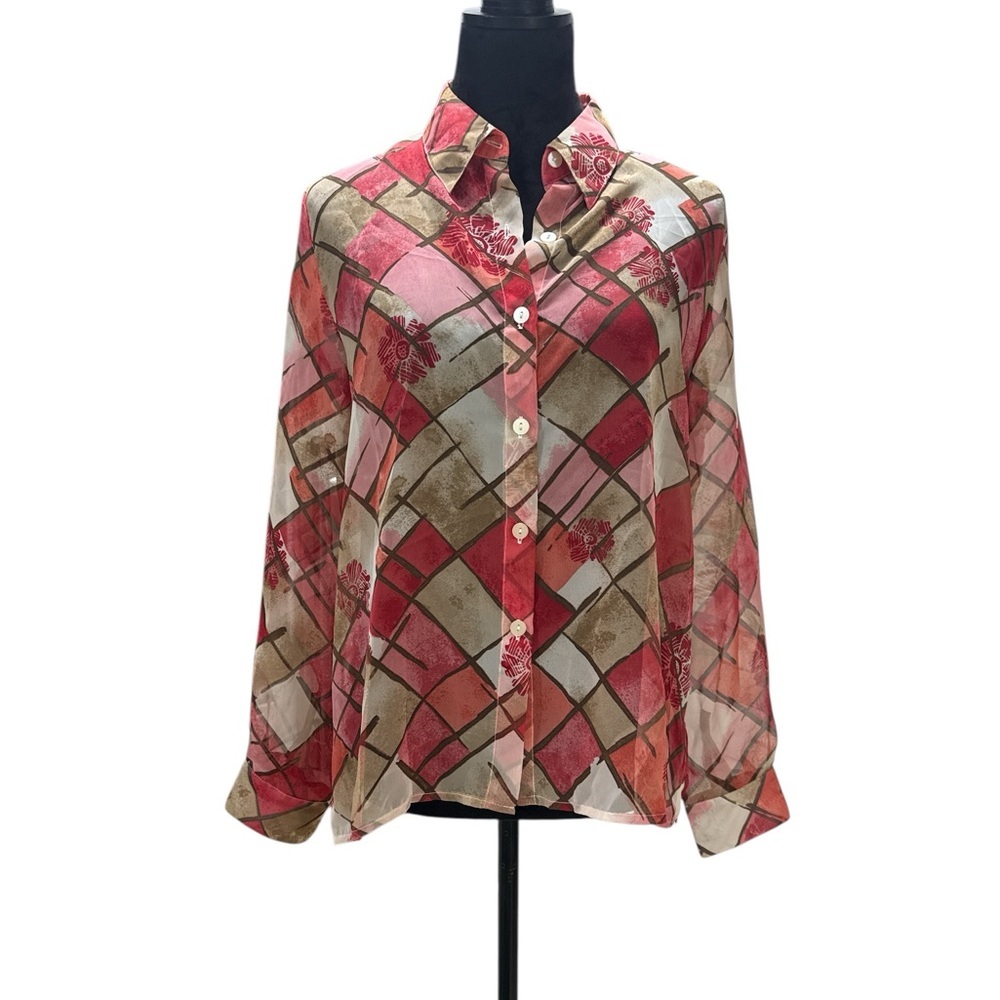 Alfred Dunner Petite 12P Sheer Geometric Floral Blouse Boho Chic Pink‎ Brown